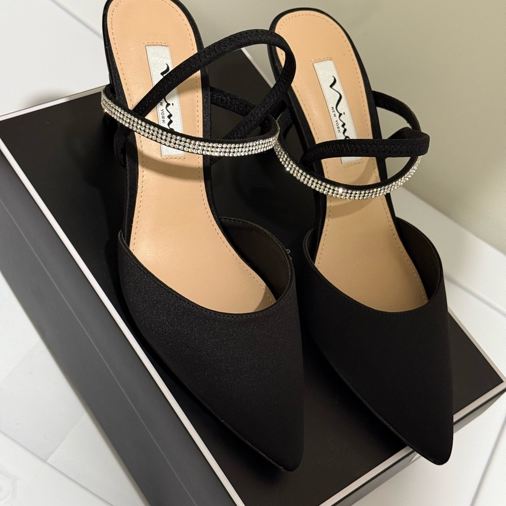 Nina Black Heels with Rhinestone Ankle Strap